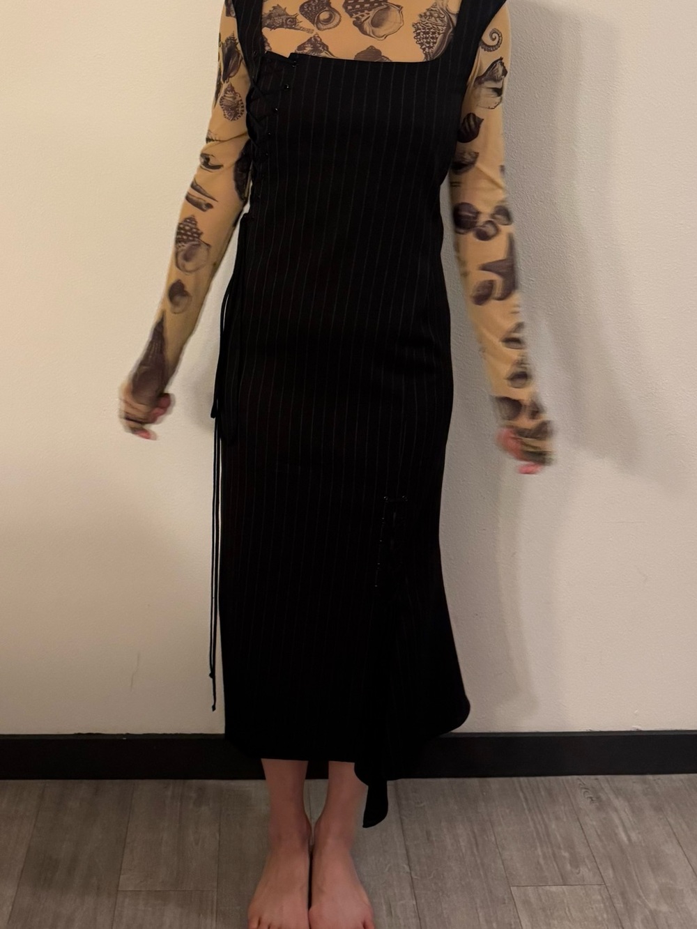 Sportmax Black Pinstripe Midi Dress with Square Neck and Side Lacing size 38